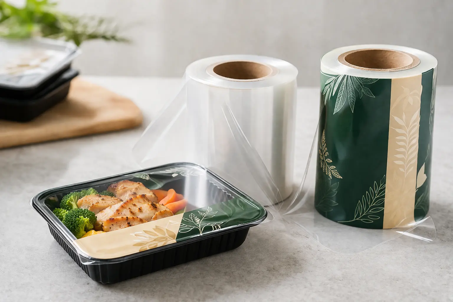 Tray sealing film and packaging materials for food tray sealing machines