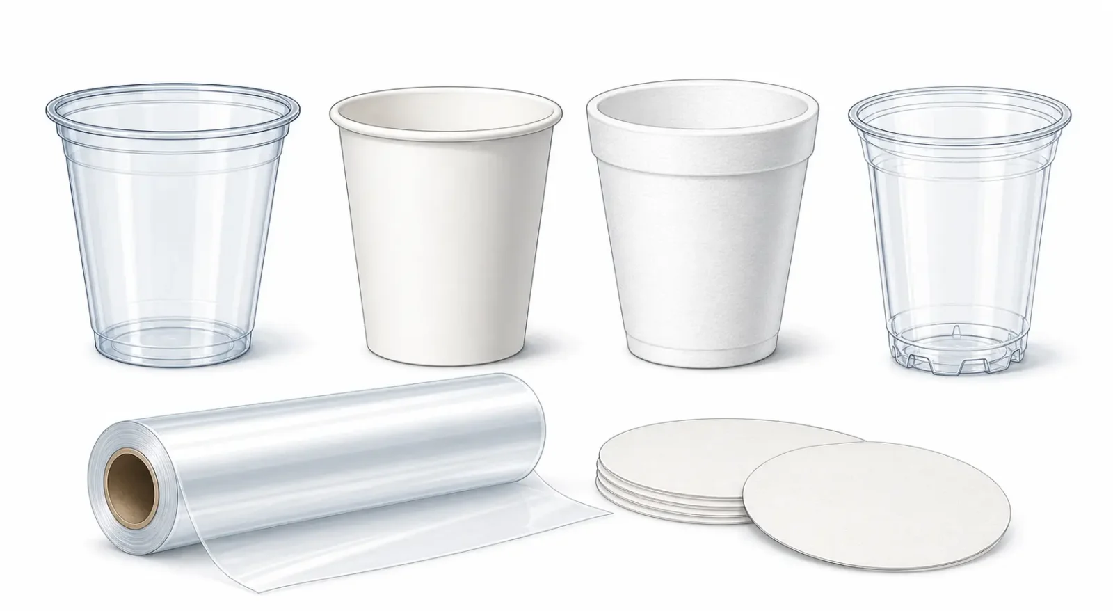 Common cup materials, roll sealing film and precut film formats.