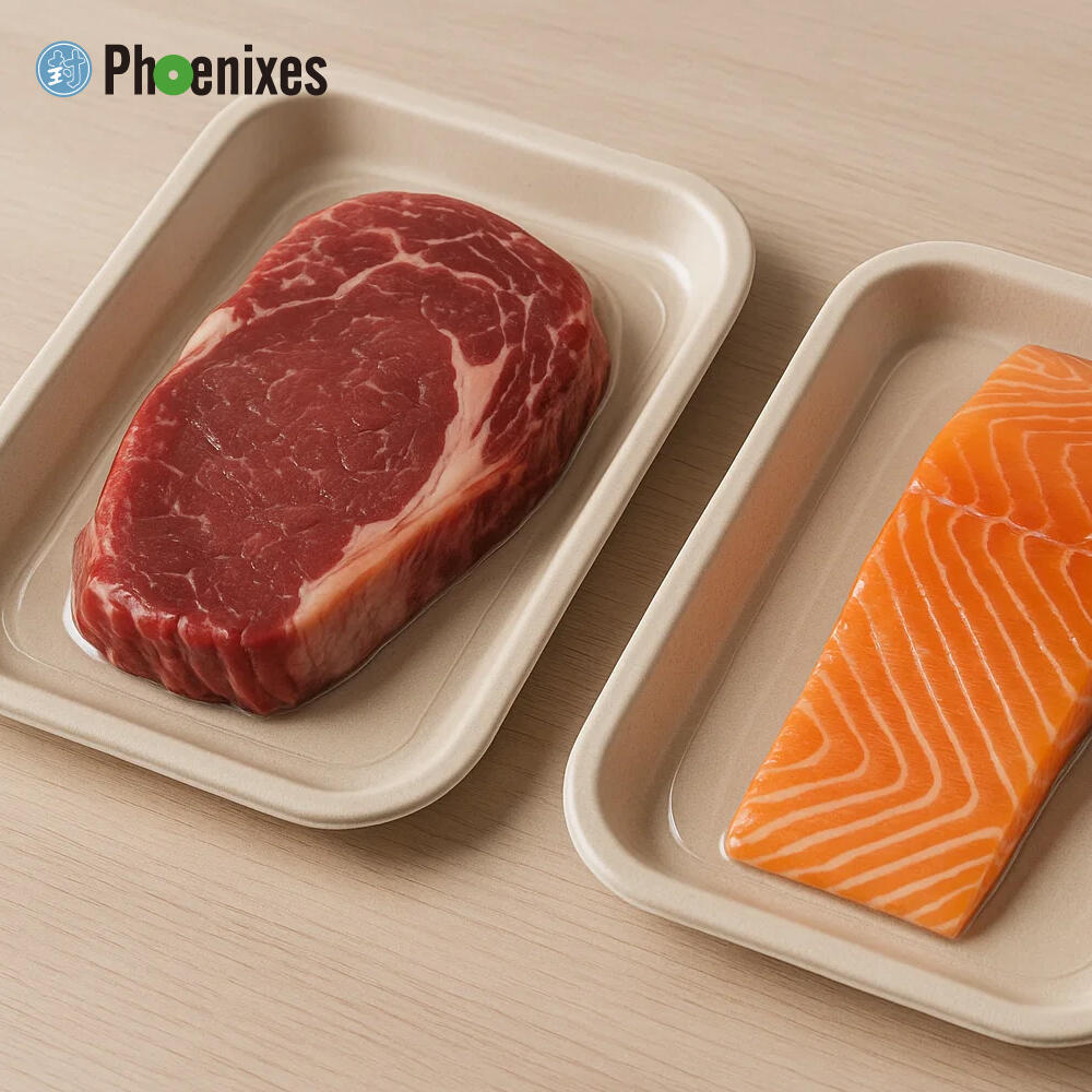 Close-up of beef and salmon in transparent vacuum skin packaging