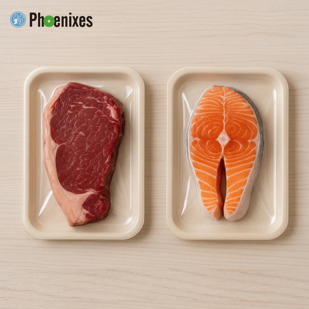 Beef and salmon in transparent vacuum skin packaging on light-colored containers