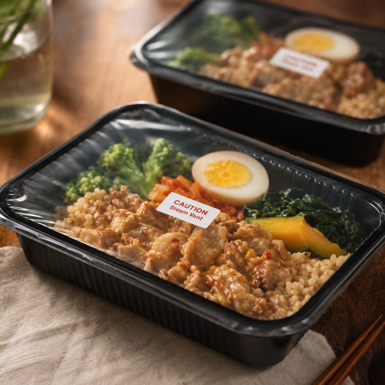 Microwave meal tray fitted with a self-venting sticker