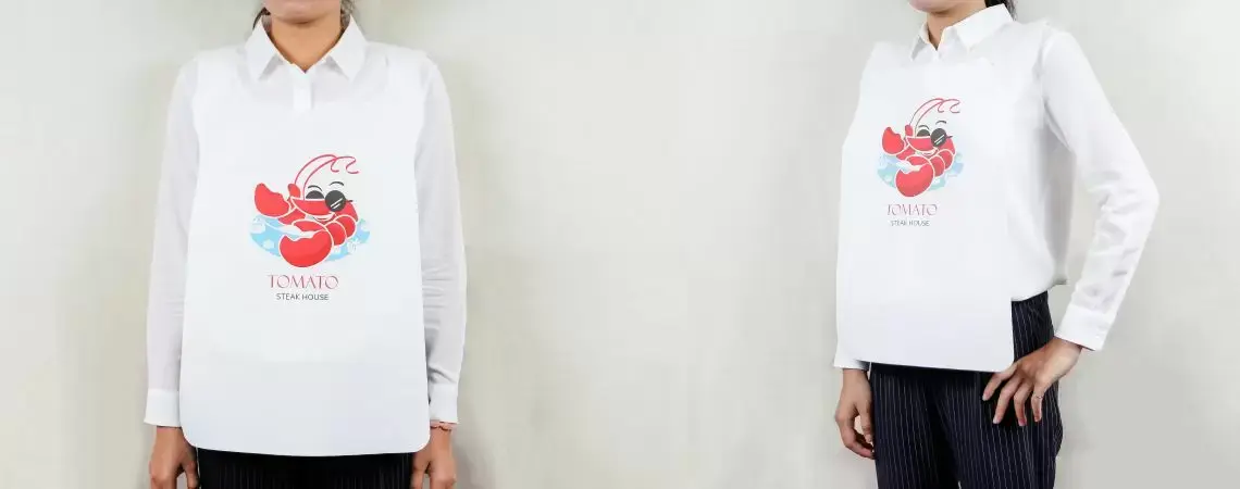 Front and side views of a white custom-printed stone paper bib worn by a person